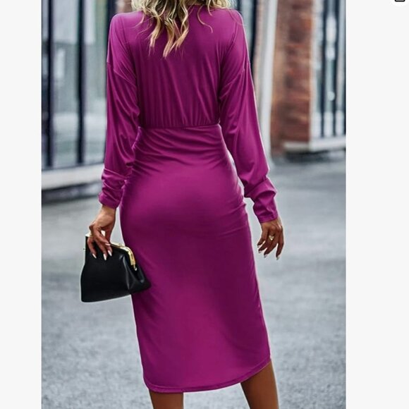 Ruched Wrap Midi Dress - Long Sleeve V-Neck w/ Split Hem | Elegant & Flattering - Picture 2 of 9